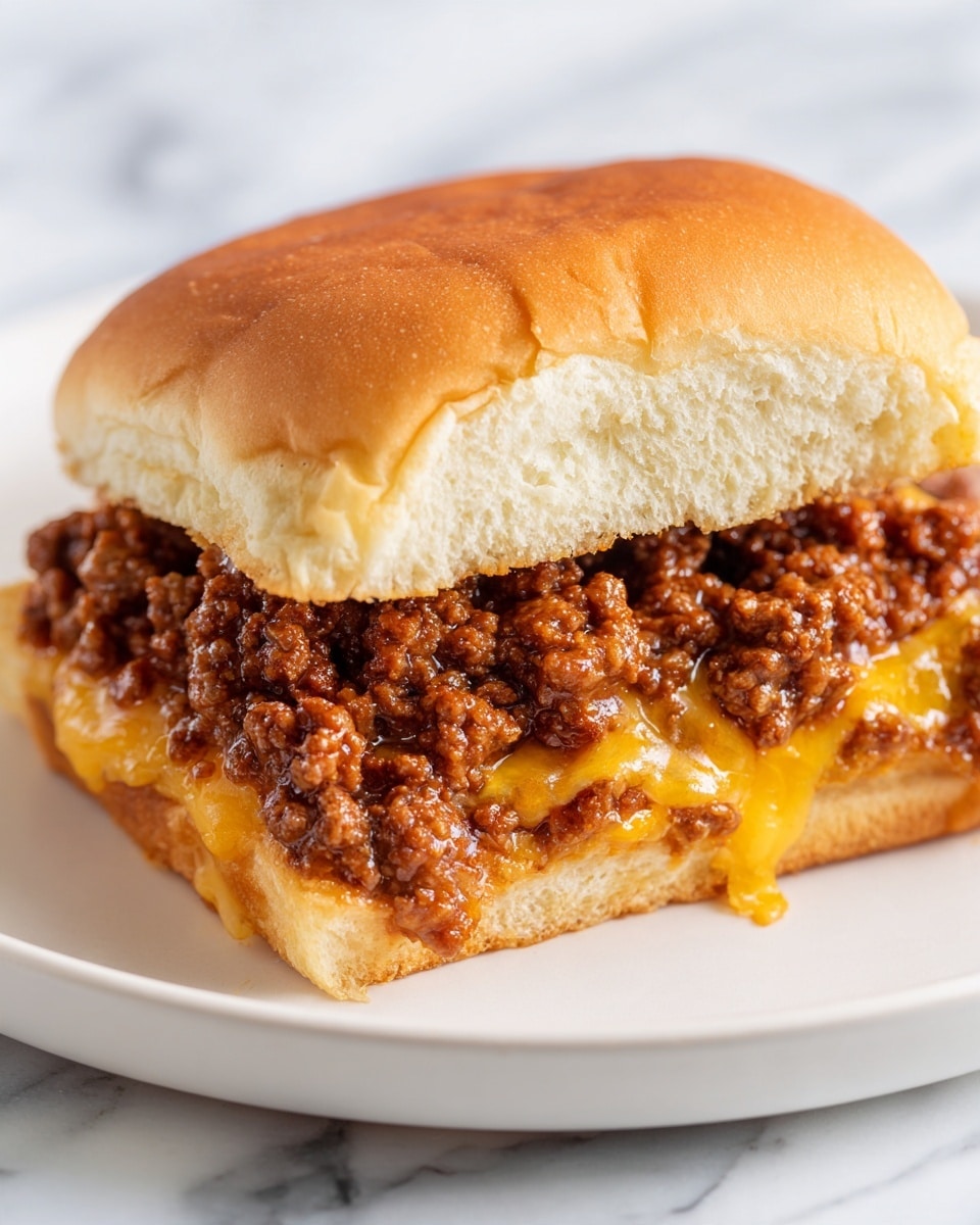 A close-up of a sandwich cut in half, showing three layers inside. The top layer is a soft, lightly toasted golden-brown bun with a slightly shiny texture. Below that, there is a thick layer of cooked ground meat with a crumbly and juicy texture, dark brown with some lighter spots. Beneath the meat is a layer of melted yellow cheese that stretches slightly and covers the entire bottom inside of the sandwich. The sandwich sits on a plain white plate with a slightly glossy finish, all placed on a white marbled surface. photo taken with an iphone --ar 4:5 --v 7