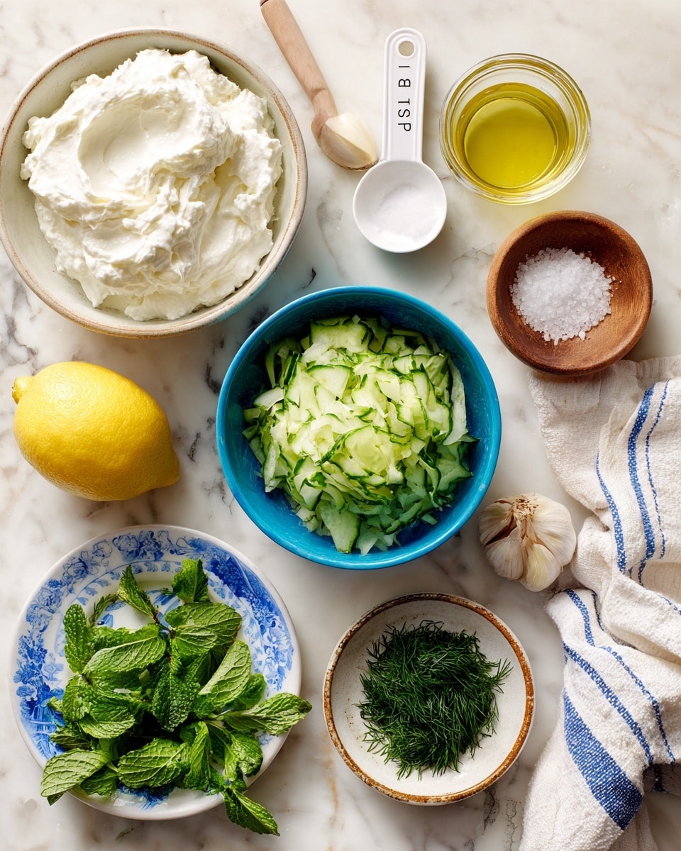 The image shows a spread of fresh ingredients on a white marbled surface. From top left, there is a bowl filled with thick white cream and a white measuring spoon marked