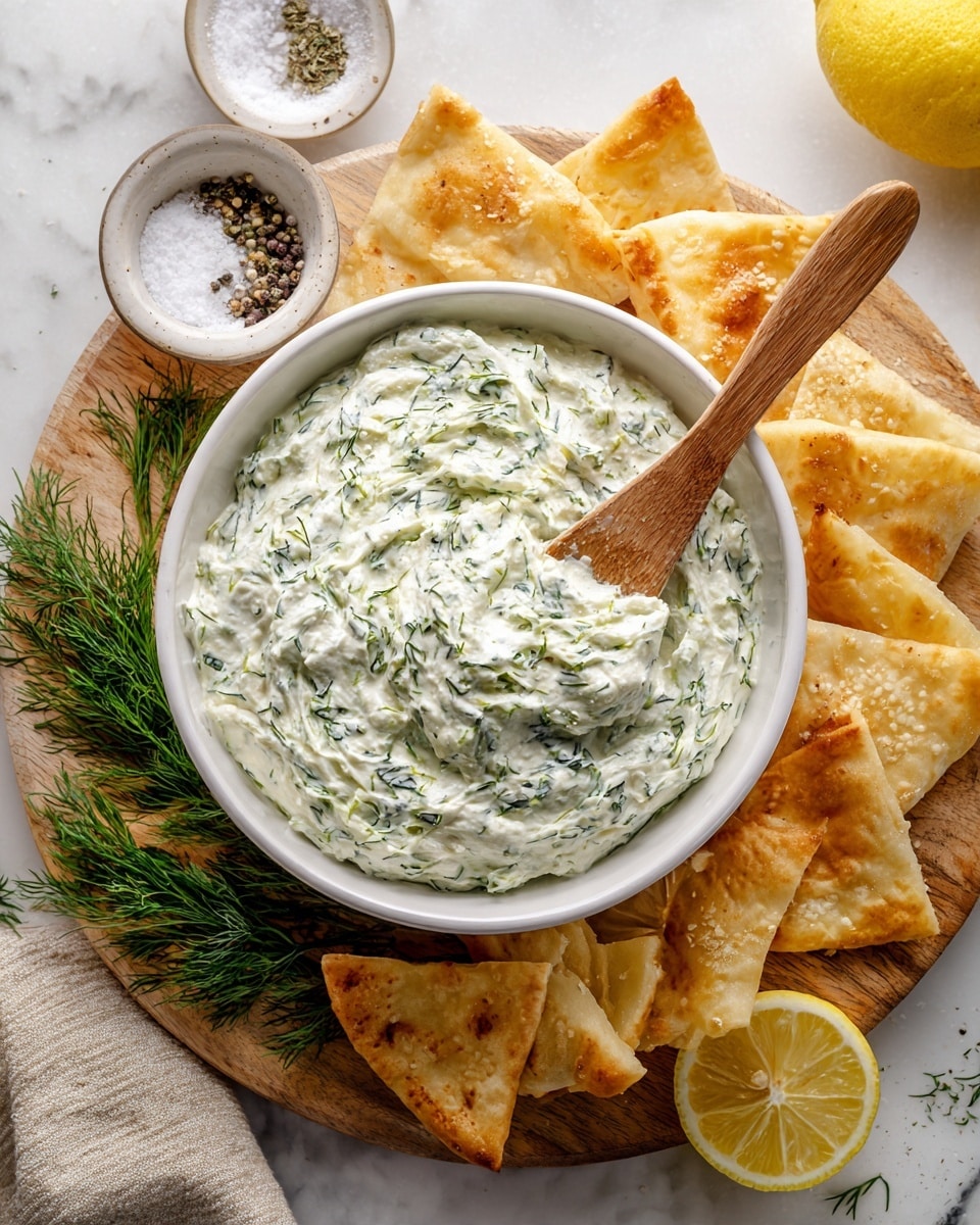 A white bowl filled with a thick, creamy dip that has a white base with green bits of herbs mixed throughout, giving it a textured, slightly chunky look; a wooden spoon inside the bowl lifts some of the dip. The bowl sits on a wooden board surrounded by light golden toasted pita bread pieces neatly arranged around it. Nearby are fresh sprigs of green dill, a white small bowl containing a mix of salt and cracked pepper, and bright yellow lemon wedges, all on a surface with a white marbled texture. Photo taken with an iphone --ar 4:5 --v 7