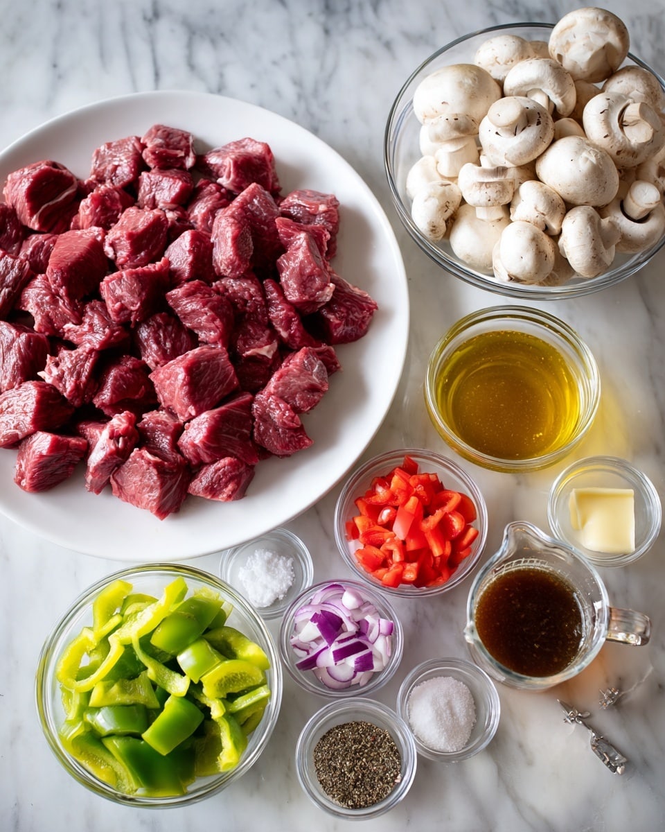 The image shows a white plate filled with many pieces of raw red meat, placed at the top left. To the right of the plate, there is a clear glass bowl of whole white mushrooms and next to it, a glass measuring cup with a clear liquid. Below the mushrooms and liquid, there is a glass measuring cup filled with a dark sauce. In the lower left corner, a glass bowl holds green bell pepper pieces. Around the bowls and cups in the center, there are smaller clear glass bowls and containers holding ingredients like large purple onion pieces, red bell pepper pieces, light yellow liquid, black pepper, salt, and minced garlic, all arranged on a white marbled surface photo taken with an iphone --ar 4:5 --v 7