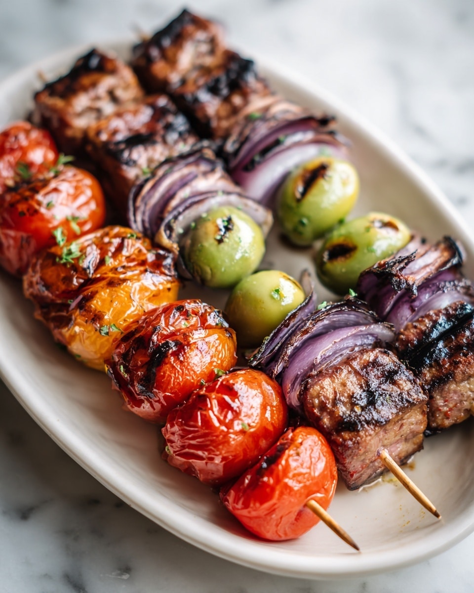 The image shows three skewers placed on a white oval plate on a white marbled surface. Each skewer has five layers. From the bottom up, the first layer is made of two halves of bright red grilled cherry tomatoes with char marks. Next is a layer of glossy, light brown grilled tomato pieces with some burnt spots. The middle layer has large, juicy cubes of grilled brown meat with black grill marks and a slightly crispy texture. Above the meat is a layer of halved green olives with a shiny surface, and the top layer has slices of thin, slightly cooked purple onions. A woman's hand is holding a skewer at the far end of the plate. The overall look is colorful with a fresh grilled appeal. photo taken with an iphone --ar 4:5 --v 7