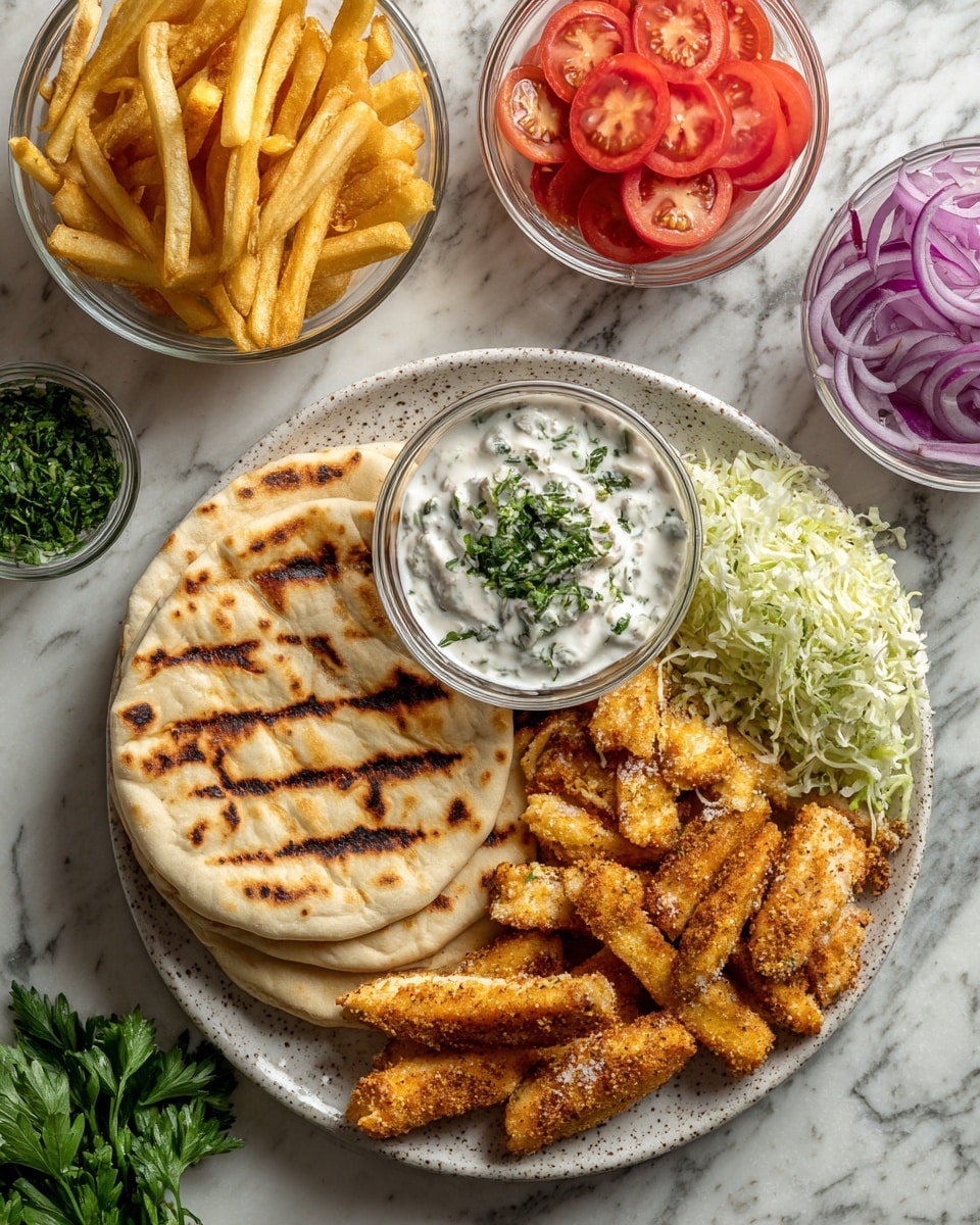 The image shows a round flatbread with light grill marks on a white plate with a speckled pattern, placed on a white marbled surface. Surrounding the plate are clear glass bowls with ingredients: golden French fries in the top left, creamy white yogurt sauce with green herbs at the top center, thin slices of purple onion in the top right, bright red tomato slices below the onions, light green shredded lettuce below the tomatoes, and golden-brown seasoned chicken strips in the bottom right. In the middle, there is a small bunch of fresh green parsley and a small glass bowl with chopped green herbs. The layout is neat with all items clearly visible. Photo taken with an iphone --ar 4:5 --v 7