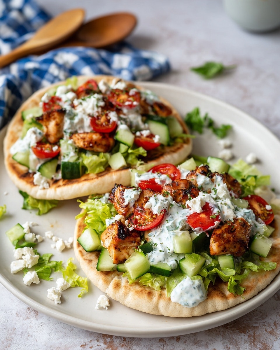 Two pita sandwiches are placed side by side on a white plate on a white marbled surface. Each pita has three main layers: at the bottom, there are grilled, light brown pieces of chicken with grill marks, followed by a layer of chopped green lettuce and cucumber cubes mixed with halved red cherry tomatoes. On top, there is a thick white sauce with a slightly creamy texture spread over each sandwich, and small white cheese crumbles are sprinkled around. A blue and white checkered cloth and a wooden spoon are visible softly blurred in the background. Photo taken with an iphone --ar 4:5 --v 7