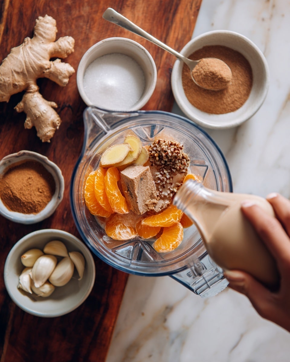 The image shows a top view of a transparent blender container with sliced orange ingredients, a piece of ginger, and some small brown pieces inside it. A woman's hand is holding a spoon above the blender. Another woman's hand is holding a bottle of light brown liquid, pouring it into the blender. On the wooden surface around the blender, there is a piece of fresh ginger root, a small white bowl with garlic cloves, a white bowl filled with brown sugar, and a small white bowl with ground cinnamon. The background is changed to a white marbled texture. photo taken with an iphone --ar 4:5 --v 7