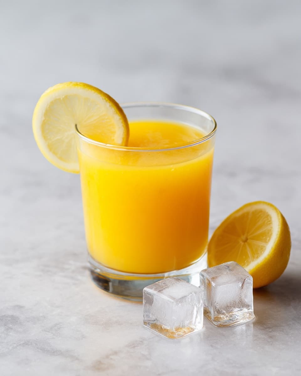 A clear short glass filled with bright orange juice with a smooth texture. A thin lemon slice is placed on the rim of the glass on the left side. Next to the glass on the right, there is a half lemon with its yellow inside showing. Two clear ice cubes lie in front of the glass on a white marbled surface. The background is a simple, soft gray color. Photo taken with an iphone --ar 4:5 --v 7