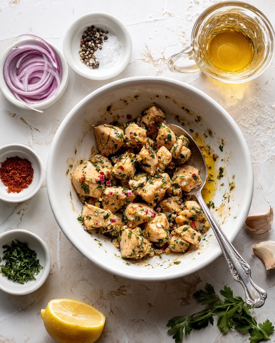 The image shows a white bowl filled with small raw chicken pieces coated in a yellowish marinade mixed with herbs and spices, giving the chicken a slightly speckled look with green and red flecks. A silver spoon is resting inside the bowl with its handle facing right. Around the bowl on a white marbled surface, there are small white bowls containing black pepper, salt, purple onion slices, and red chili powder. There is also a glass cup with a golden liquid, half a lemon, garlic cloves, fresh green herbs, and a halved bright yellow lemon placed on the surface near the bowl. Photo taken with an iphone --ar 4:5 --v 7