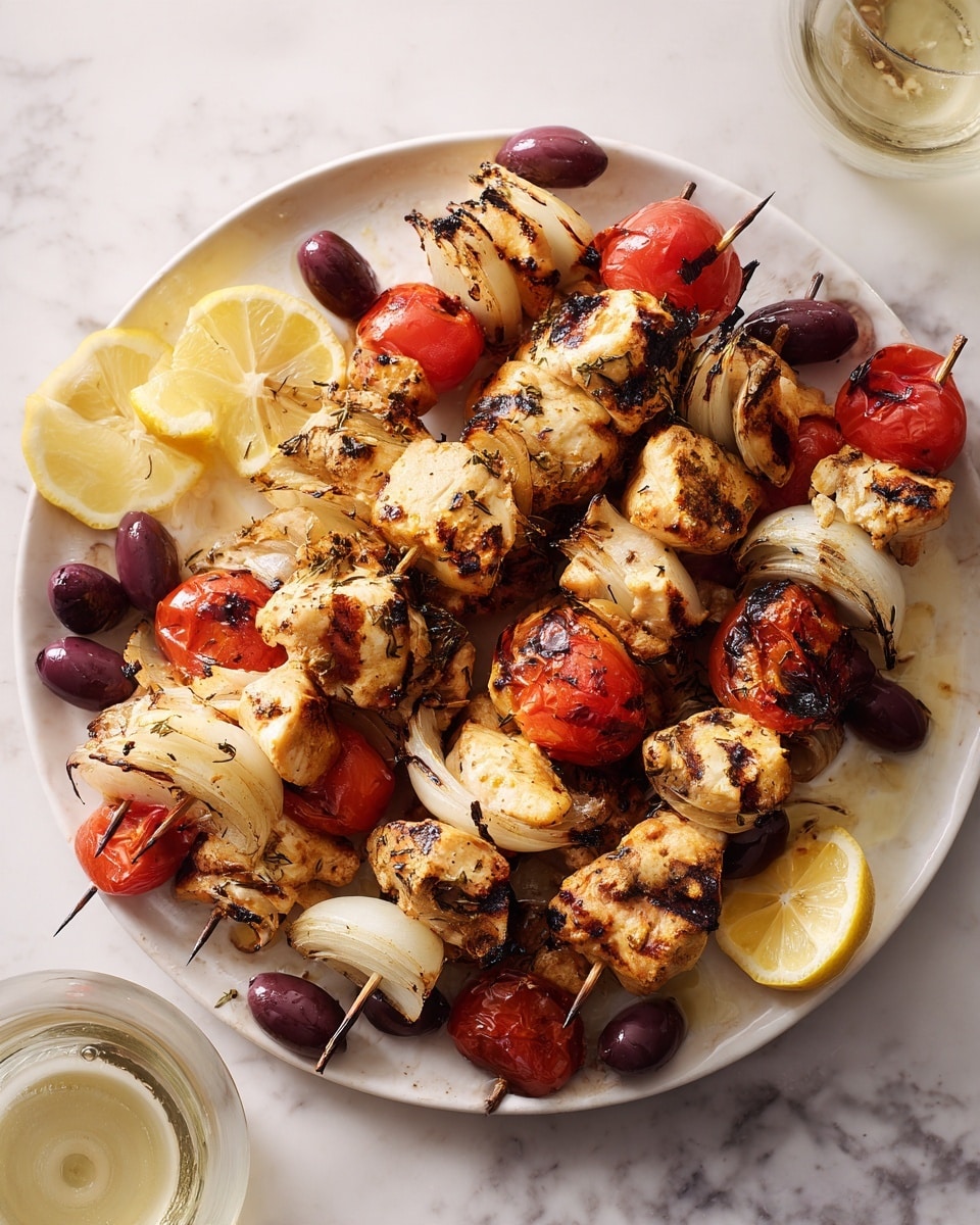 The image shows a white plate filled with grilled chicken skewers, each skewer holding several golden-brown grilled chicken pieces with clear char marks. The skewers are layered with chunks of white onion and bright red tomato slices. Scattered on the plate are dark purple olives, adding a contrasting color. On the side of the plate, there are light yellow lemon wedges. The plate is placed on a white marbled texture surface, and part of a glass with a light-colored drink is visible at the edge. photo taken with an iphone --ar 4:5 --v 7
