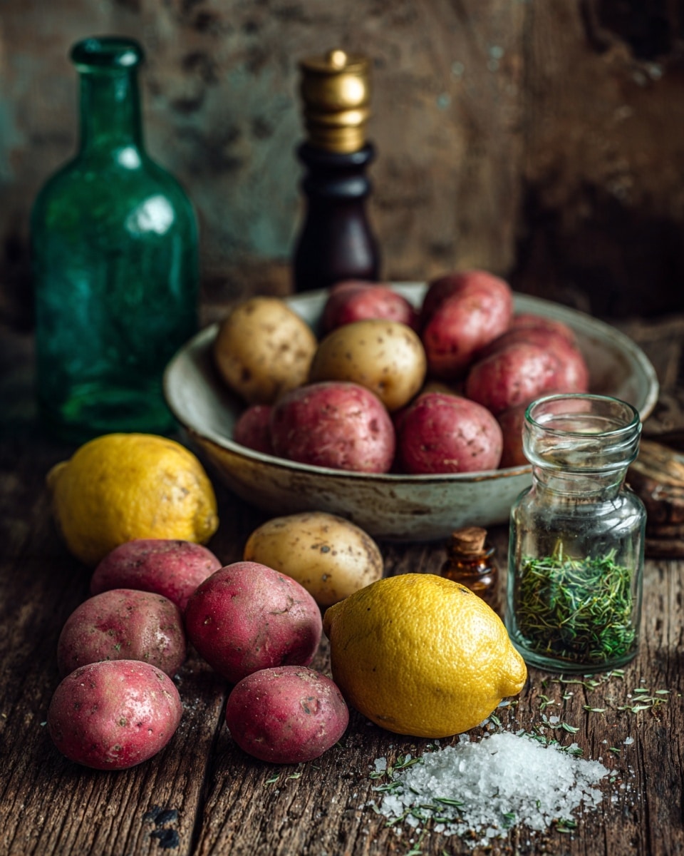 The image shows a group of red and light brown potatoes scattered on a rough wooden surface, with two bright yellow lemons placed among them. There is a round white bowl filled with coarse salt on the right side, a small clear glass container with green dried herbs near the bottom, and a dark bottle with a golden cap standing upright in the middle. To the left, there is a green-tinted glass bottle, slightly out of focus. The setting has an earthy and rustic feel. photo taken with an iphone --ar 4:5 --v 7