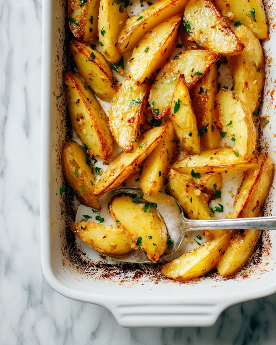 A white baking dish filled with golden potato wedges, each piece evenly cooked with brown edges and a soft yellow center. The potatoes are scattered with small green herbs, adding a splash of color. Around the edges of the dish, there are marks of baked-on seasoning giving a rustic look. A silver spoon holds a potato wedge at the lower right corner of the dish. The dish sits on a white marbled surface. Photo taken with an iphone --ar 4:5 --v 7