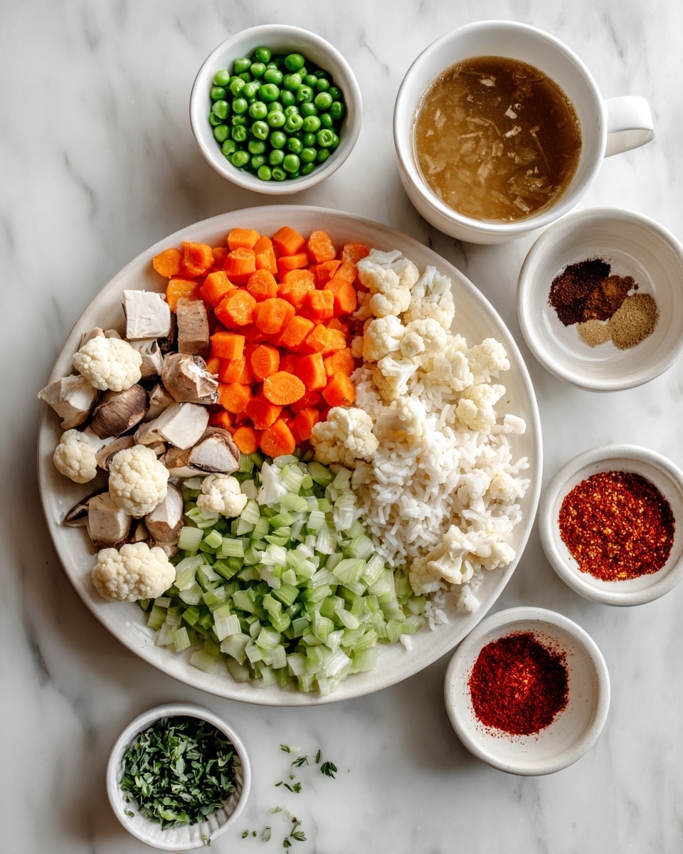 The image shows a white round plate and several small white bowls arranged on a white marbled surface. The main plate is filled with seven different ingredients divided into sections: white rice, chopped orange carrots, light green chopped celery, small white cauliflower florets, chopped pale tofu, light brown cooked mushrooms, and small cauliflower pieces. Around the plate are small white bowls holding green peas, a light brown broth or sauce, light green leafy herbs in oil, and chopped roasted red peppers. Two small white saucers contain bright red chili powder and dark brown cumin or spice powder. The colors are soft and natural with the mixture of fresh vegetables and cooked items. photo taken with an iphone --ar 4:5 --v 7