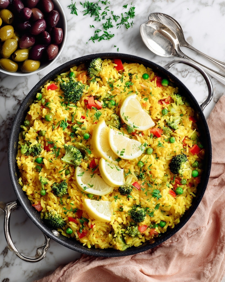 The dish shows a pan filled with bright yellow rice mixed with green peas, red bell pepper pieces, and green broccoli florets scattered evenly on top. Three lemon wedges with yellow peel are arranged along one side of the pan. Fresh green chopped herbs are sprinkled across the rice, adding extra color. The pan is black with two small handles and sits on a white marbled surface next to a white bowl holding green and dark purple olives. A silver spoon lies nearby on the white marbled surface, and a soft pale peach cloth is underneath one side of the pan. Photo taken with an iphone --ar 4:5 --v 7