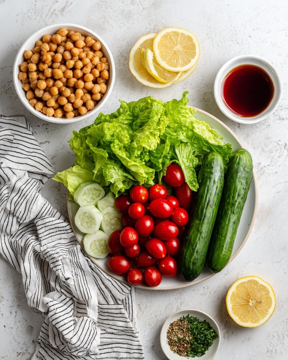 The image shows fresh salad ingredients arranged neatly on a white marbled surface. In the center is a round white plate filled with green leafy lettuce on the left side, a pile of bright red cherry tomatoes in the middle, and three dark green cucumbers on the right. Beneath the lettuce, some sliced onion is slightly visible. Above the plate to the left, there is a white bowl full of chickpeas. To the right of the chickpeas, there is a small white bowl containing a dark red liquid, and next to it are two lemon halves with a bright yellow color. A small dish with mixed herbs and spices is placed near the bottom left, next to a white cloth with black stripes draped partially under the plate. Photo taken with an iphone --ar 4:5 --v 7