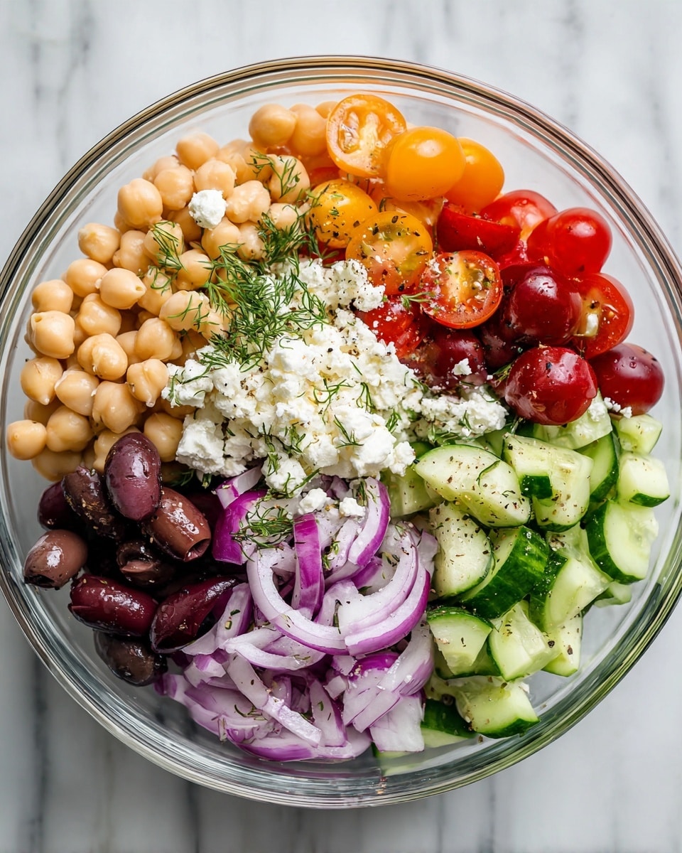 A clear glass bowl holds a colorful salad with five main layers arranged side by side: on the left, pale beige chickpeas form a bed topped with white crumbled cheese and sprigs of green dill; next, bright cherry tomatoes in red and orange, some sliced in half, rest with more white cheese scattered on top; the middle layer shows dark purple olives halved and mixed with thin strips of pale purple-red onion; to the right is a fresh pile of cucumber slices in light and dark green, with white cheese crumbles and dill on top; thin slices of red onion are spread throughout with black pepper sprinkled over the salad, all set on a white marbled surface photo taken with an iphone --ar 4:5 --v 7