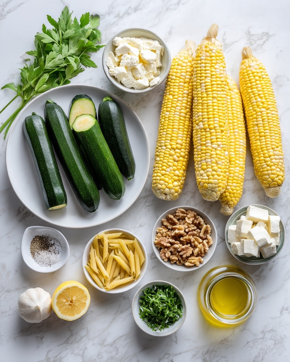 The image shows a top view of various fresh ingredients arranged neatly on a white marbled surface. On the left, a white plate holds dark green whole and sliced zucchinis. To the right of the zucchinis, three ears of yellow and white corn rest directly on the surface. Surrounding these are small white bowls containing different ingredients: a bowl with chopped walnuts, one with light yellow penne pasta, another with finely chopped green herbs, one with grated cheese, and a small bowl with salt and black pepper. There is also a small glass jar filled with white soft cheese, a white bowl with fresh green leafy herbs, two garlic cloves, a whole lemon, and a white bowl filled with golden olive oil. photo taken with an iphone --ar 4:5 --v 7