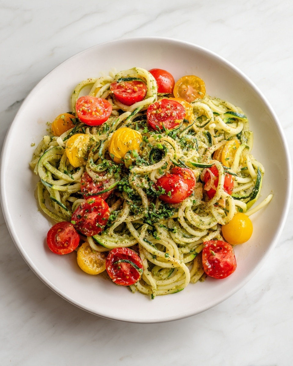 A white plate on a white marbled surface holds a single serving of spiral-shaped noodles mixed with thin green zucchini noodles. The noodles are coated with a light green pesto sauce, giving a slightly shiny texture. On top and mixed within the noodles are halved cherry tomatoes in bright red and yellow colors, creating pops of color against the green and pale yellow noodles. Small chopped green herbs are sprinkled generously over the dish, adding freshness and texture. The overall presentation is clean, colorful, and fresh with a natural look. Photo taken with an iphone --ar 4:5 --v 7