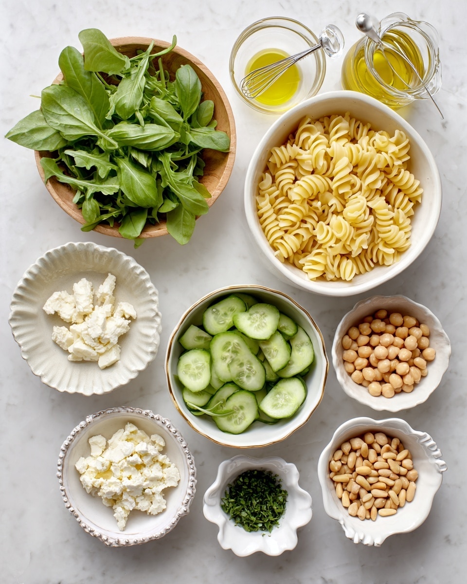 The image shows a top view of eight small bowls placed on a white marbled surface. The top right large white bowl is filled with pale yellow spiral pasta, and to its left, a wooden bowl holds fresh green basil leaves. Below the pasta bowl, a white bowl contains bright green cucumber slices cut into small rounds and quarters. Next to it, a white bowl with a golden rim is full of light beige chickpeas. At the bottom right corner, a small white bowl is filled with light brown pine nuts. On the bottom left, a white bowl with a golden rim contains crumbly white cheese. Above this, a small white bowl with dark green chopped herbs is present. Finally, in the bottom center, a white bowl shaped with scalloped edges contains fresh dark green arugula leaves. A small glass bowl with yellow olive oil and a whisk is also partially visible in the top center. Photo taken with an iphone --ar 4:5 --v 7