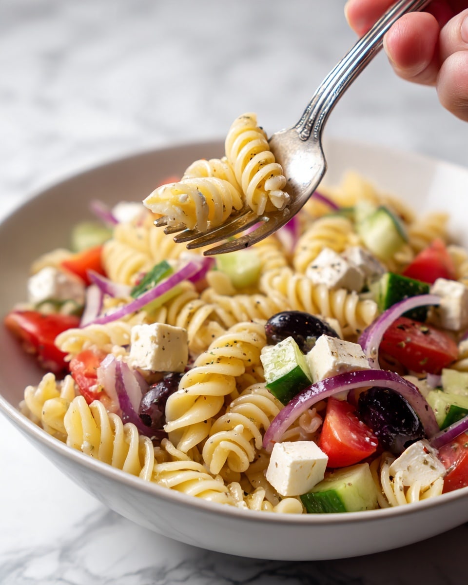 A close-up view of a white bowl filled with spiral pasta mixed with small cubes of white cheese, diced tomatoes, green cucumber slices, red onion pieces, and black olives. The pasta has a light yellow color and slightly shiny texture. A woman's hand holding a silver fork is lifting a portion of the salad, which shows a mix of all the ingredients in the lifted part. The background is a white marbled surface. Photo taken with an iphone --ar 4:5 --v 7