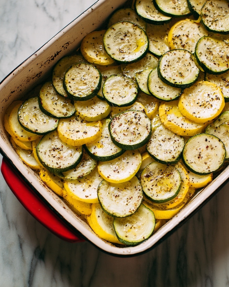 The dish shows a white rectangular baking tray with a red rim and some black chips on the edges, filled with thin slices of zucchini layered on top of a few slices of yellow squash at the bottom. The zucchini slices are pale green with darker green edges, seasoned with black pepper and a light drizzle of oil, covering most of the yellow squash underneath. The tray sits on a white marbled surface. photo taken with an iphone --ar 4:5 --v 7
