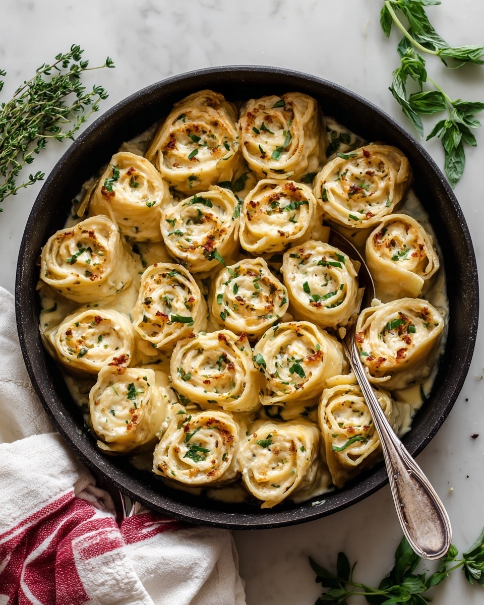 The image shows a dark pan filled with rolled stuffed pasta pieces browned on top, arranged closely in rows. The pasta rolls have a creamy, light golden color with some green herbs sprinkled inside and on top, adding small green spots. The pan rests on a white marbled surface with a white and red striped cloth nearby, and a silver spoon is placed inside the pan, touching one of the rolls. Fresh green herb leaves are scattered around, and the overall scene has warm natural light. photo taken with an iphone --ar 4:5 --v 7