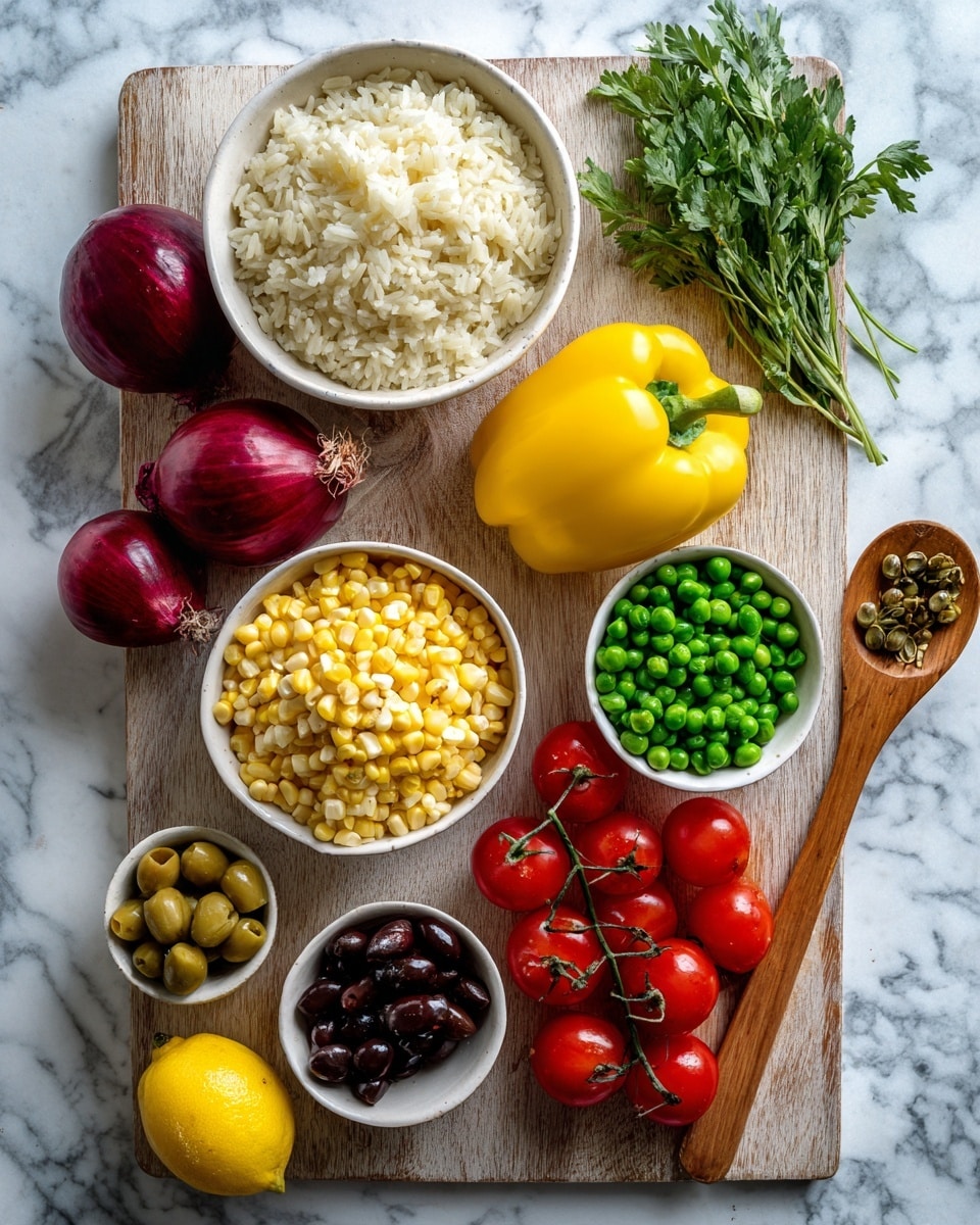The image shows a top view of a wooden cutting board on a white marbled surface, filled with fresh vegetables and ingredients. On the top left is a white bowl filled with cooked rice. Below the bowl, there are three red onions on the board. To the right of the onions is a yellow bell pepper. Next to the bell pepper is a wooden spoon filled with yellow corn. To the right of the corn is another white bowl with green peas. Cherry tomatoes on the vine are placed in two clusters, one near the center and one at the bottom left. There are two lemons at the bottom left, partially visible. Near the bottom center are black olives on a small wooden spoon next to green capers in a white bowl. A bunch of fresh green herbs sits at the top right corner, and a woman's hand holds a wooden spoon near the green peas bowl. The whole setup is bright and fresh with colors of red, yellow, green, and white. photo taken with an iphone --ar 4:5 --v 7