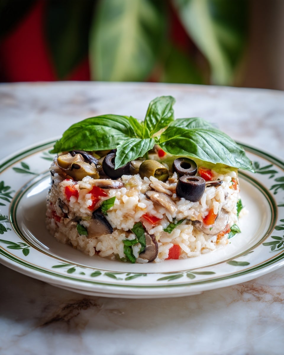 The dish is a colorful rice salad served on a white plate with a green leaf border. The salad has multiple layers starting with white rice at the base. Mixed into the rice are small pieces of red bell pepper, green olives, black olives, and brown mushrooms, all evenly spread throughout. Fresh green basil leaves are placed on the top, adding a bright touch. The plate rests on a white marbled surface with a blurred background that shows some green and red colors. photo taken with an iphone --ar 4:5 --v 7
