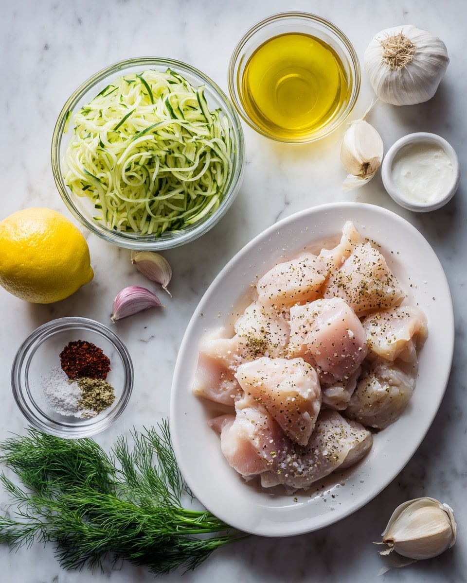 Raw chicken pieces with a light pink color are placed on a white oval plate, seasoned with coarse black pepper and salt sprinkled on top. Next to the plate on a white marbled surface, there is half a yellow lemon and a whole lemon. A clear glass bowl contains finely shredded green cucumber strips. A small clear bowl shows a mix of red, brown, and light green spices. Another clear bowl holds thick white yogurt. A small glass bowl filled with golden olive oil sits close by. Three light beige garlic cloves and a halved light purple shallot are arranged near fresh green dill sprigs. Photo taken with an iphone --ar 4:5 --v 7