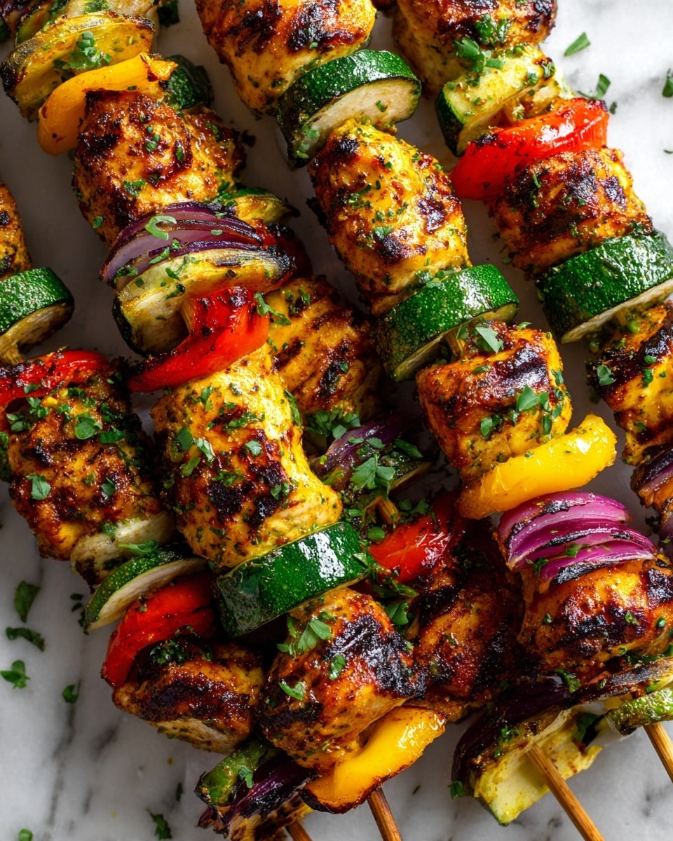 The image shows several grilled skewers with layers of juicy, golden-brown chicken, bright green zucchini slices, vibrant red bell pepper pieces, and purple-red onion chunks. The vegetables and chicken are alternated closely on wooden sticks, with visible grill marks adding a smoky look. Small green herb leaves are sprinkled on and around the skewers, which rest on a white marbled surface. The overall look is colorful and fresh, with a mix of cooked textures and grilling char. photo taken with an iphone --ar 4:5 --v 7