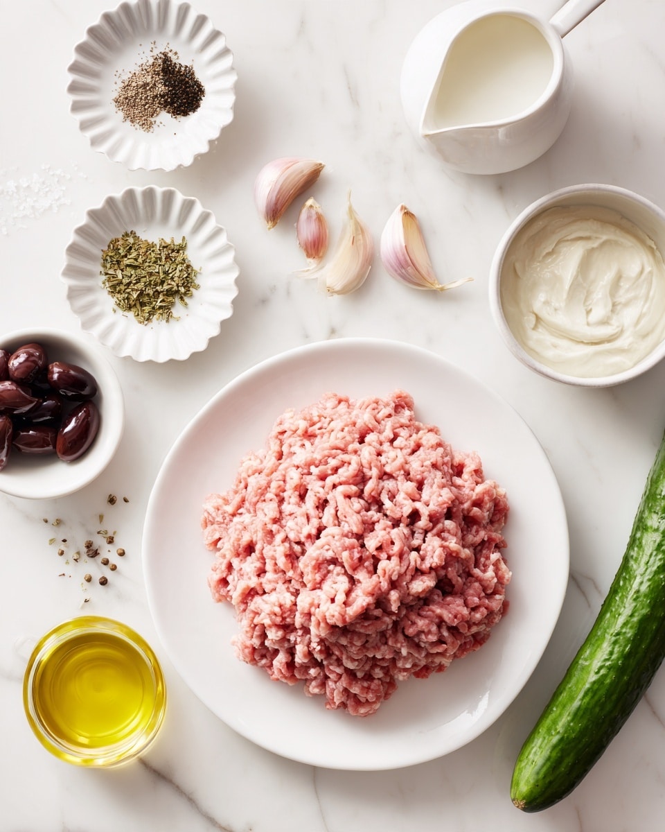 A white plate holds a large mound of raw ground meat with a pinkish-red color and moist texture, positioned toward the bottom left of the image. Surrounding the plate are small white bowls and dishes arranged neatly on a white marbled surface, including a scalloped white dish with a small pile of black pepper, another scalloped dish with green, brown, and yellow dried herbs, a small oval dish with dark purple olives, a circular white bowl filled with a creamy white substance, and another small white pitcher with an opaque white liquid inside. To the right of these is a long, fresh green cucumber, smooth and shiny. Above the ground meat and closer to the top center, there are three garlic cloves with papery skins visible, and to the far right, a small cup holds a clear yellow liquid. Photo taken with an iphone --ar 4:5 --v 7