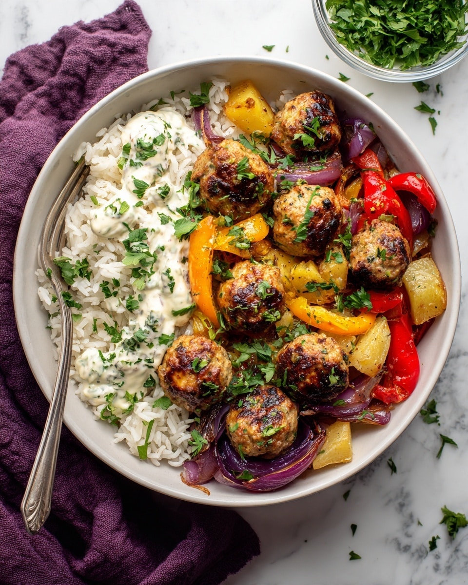 The image shows a white bowl filled with a colorful meal. On the left side of the bowl is a layer of white rice sprinkled with small green herbs, topped with a dollop of creamy white sauce. The right side of the bowl contains multiple golden-brown meatballs mixed with roasted vegetables including bright red bell pepper strips, soft yellow potato chunks, and small pieces of purple onion. The dish is garnished with fresh green herbs scattered on top. A silver fork rests inside the bowl on the left side. The bowl sits on a white marbled surface with a purple cloth and a small glass bowl of fresh green parsley in the background. Photo taken with an iphone --ar 4:5 --v 7