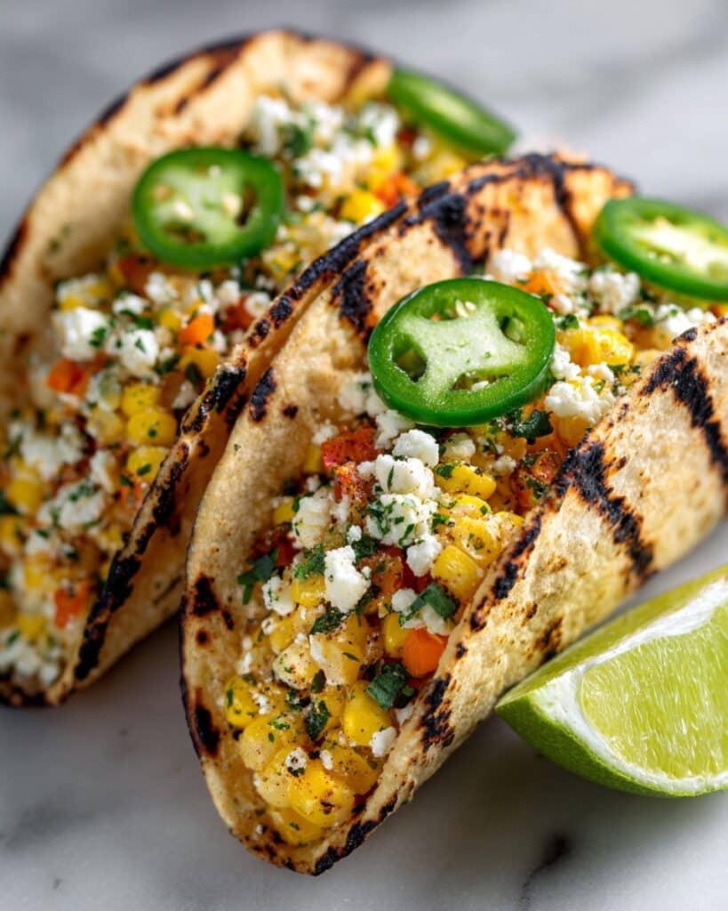 Grilled Corn Tacos with Black Beans, Avocado, and Lime Crema Recipe