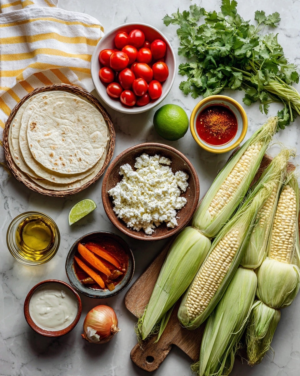 The image shows many ingredients on a white marbled surface, arranged neatly. On the left, there is a round basket with a white and yellow striped cloth holding white tortillas. Next to it is a bowl with bright red cherry tomatoes. Below the basket is a lime and a small glass with golden oil. In the center, there is a wooden bowl filled with white crumbly cheese, a smaller yellow bowl with brown spices, a small orange bowl with red sauce, and a dark bowl holding sliced pickled jalapeños and carrots. A fresh bunch of green cilantro is placed near the bowls. To the right, five ears of corn with green husks are lying on a light wooden board, one ear partially peeled showing yellow and white kernels. A red onion and a small white bowl with white sauce finish the setup, all placed on the white marbled background photo taken with an iphone --ar 4:5 --v 7