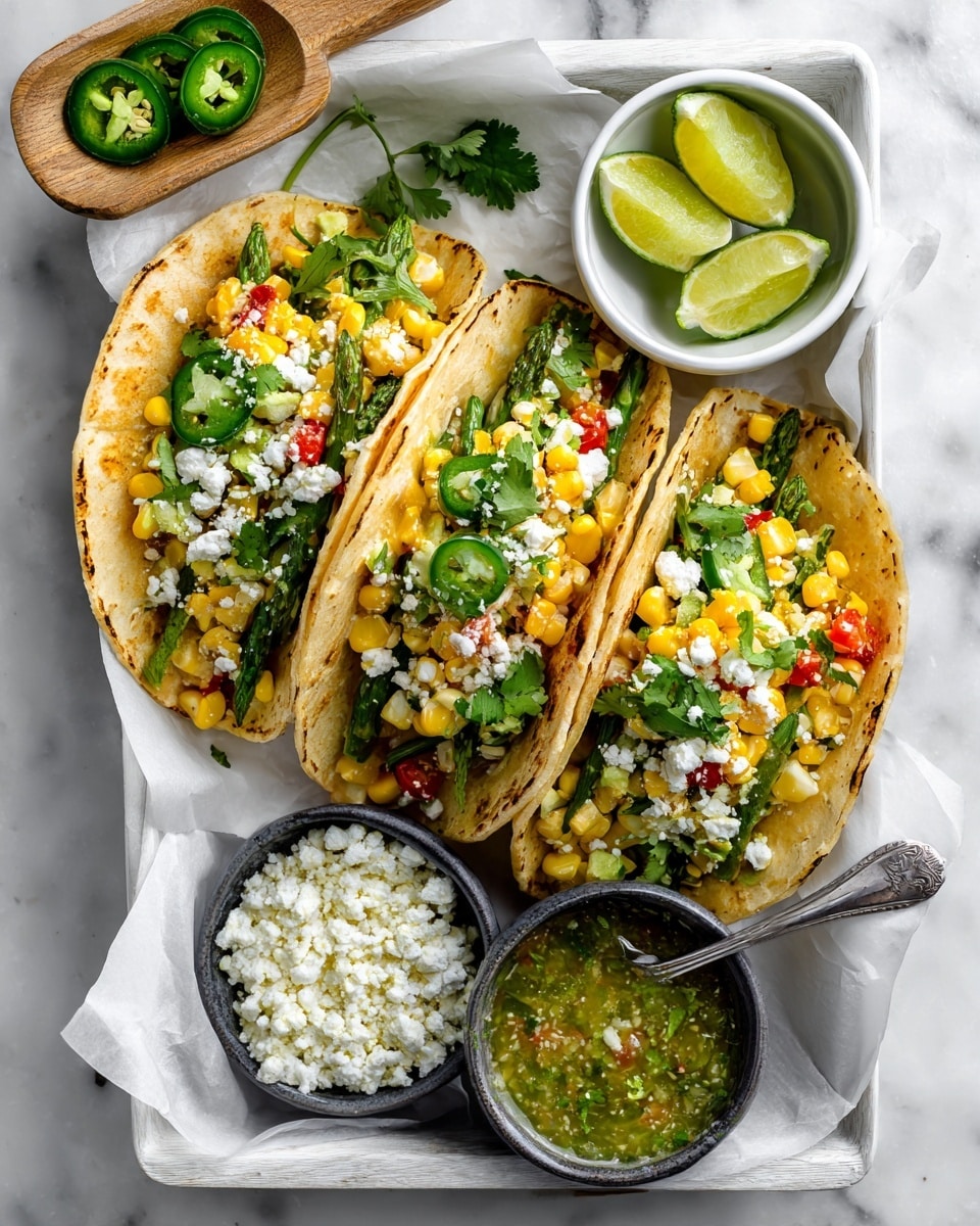 Three soft tacos are placed side by side on white parchment paper in a white tray. Each taco has a toasted tortilla base, filled with a mix of bright yellow corn kernels, green jalapeño slices, fresh green cilantro leaves, light green asparagus, and small red and yellow tomato pieces, topped with crumbled white cheese. To the top right of the tray is a small white bowl holding three lime wedges with a pale green center. Below, there are two bowls on the tray: a small dark bowl with more crumbled white cheese and a white bowl filled with green salsa with visible seeds and small white bits, with a silver spoon resting inside. The entire setup sits on a white marbled surface with a partially visible wooden spoon holding sliced green jalapeños to the top left of the tray. Photo taken with an iphone --ar 4:5 --v 7