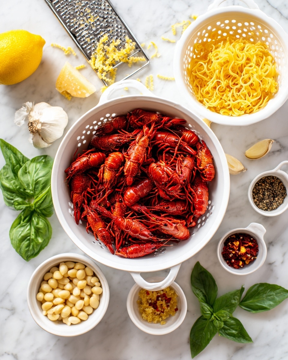 The image shows a cooking setup on a white marbled surface with a white bowl full of cooked red crayfish in the middle. To the right of the bowl, there is a white colander filled with uncooked yellow pasta. Around the main items, there are small white bowls containing different ingredients: peeled garlic cloves, pine nuts, a mix of chili flakes and black pepper, small sun-dried tomatoes, and a white creamy sauce. Fresh green basil leaves are placed near the pasta. A yellow lemon is visible near the top left corner, with a cheese grater nearby. The scene is bright and sharp, highlighting the colors and textures of each item. Photo taken with an iphone --ar 4:5 --v 7