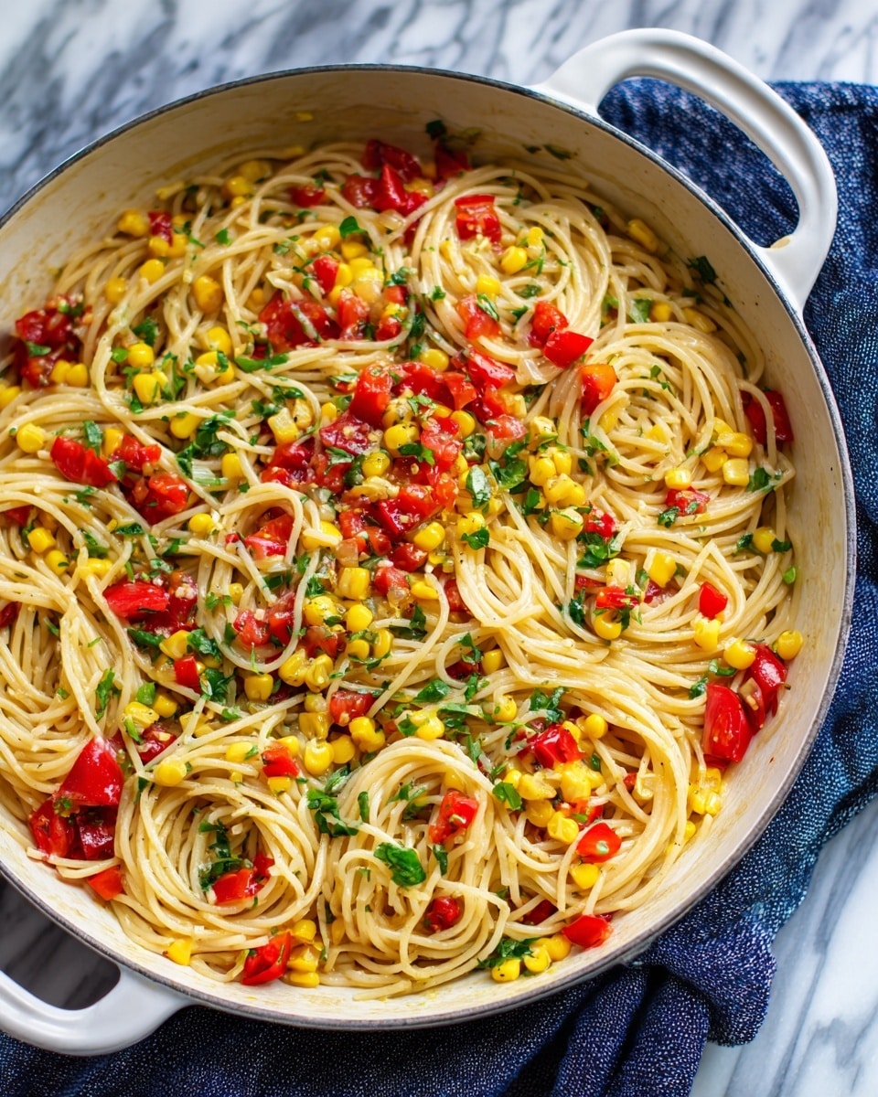 A white pan filled with spaghetti noodles coiled in the center, surrounded by a colorful mix of diced red tomatoes, yellow corn, and chopped green herbs, all sitting on a blue cloth. The sauce appears light and slightly shiny, coating the ingredients evenly, and the dish has a fresh, vibrant look with a mix of textures from smooth noodles and crunchy vegetables. The background is a white marbled surface. Photo taken with an iphone --ar 4:5 --v 7