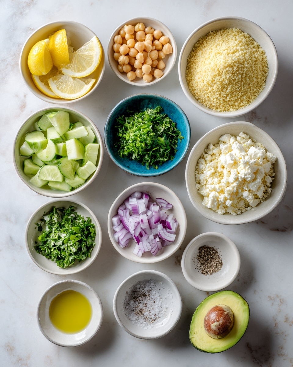 The image shows ten small white bowls and one small blue bowl arranged on a white marbled surface. Each bowl contains different ingredients for making a dish. From top left, there is a white bowl with yellow lemon slices, next to it a white bowl filled with light golden chickpeas, and a white bowl with fine, crumbly yellow couscous. Below, on the left is a white bowl with chopped green cucumber pieces, and in the center is a blue bowl packed with fresh chopped green parsley. To the right is a white bowl containing crumbly white cheese. Below these, there is a white bowl with purple chopped onion pieces, a small white bowl filled with coarse salt and pepper, and a white bowl with a golden-yellow liquid, likely oil. On the white marbled surface below the bowls, there is a halved avocado with green flesh and a pit, and a small pile of finely chopped parsley leaves. The setup looks fresh, colorful, and ready for assembling a healthy dish. Photo taken with an iphone --ar 4:5 --v 7