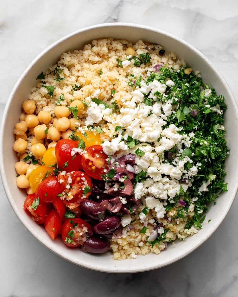A white bowl filled with a colorful salad sits on a white marbled surface. The salad has three clear layers: the base layer is made of light beige couscous grains with a soft texture, mixed evenly throughout. The middle layer contains bright green chopped parsley and yellow chickpeas, adding a fresh and slightly firm texture. The top layer features halved red cherry tomatoes, dark purple olives, and white crumbled cheese scattered across, adding a mix of juicy, briny, and creamy textures. Everything looks fresh and vibrant, with the colors contrasting nicely against the white bowl. photo taken with an iphone --ar 4:5 --v 7