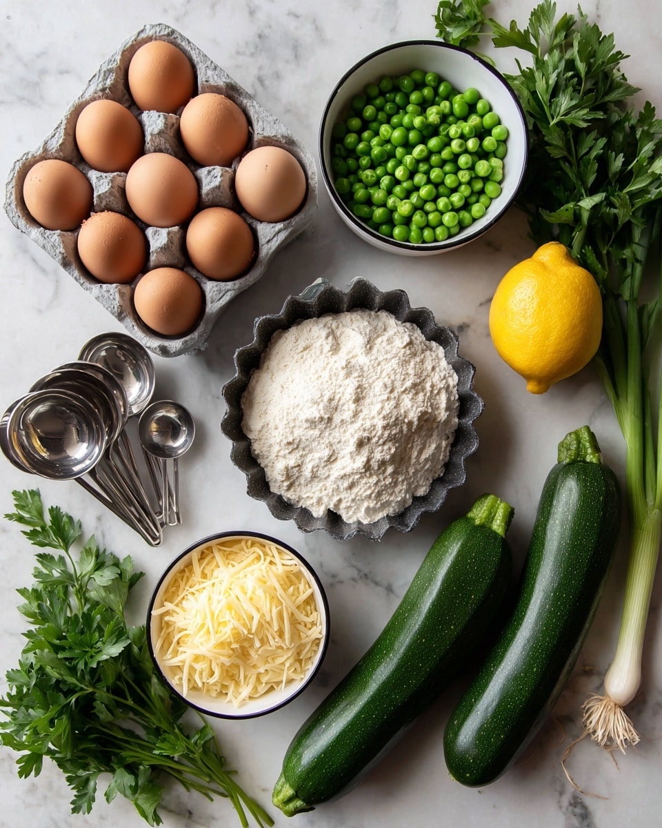 Top view of various fresh ingredients arranged on a white marbled surface: six brown eggs in a gray carton near the top center, bright green peas in a white bowl with a black rim to the left, a fluted dark gray dish filled with white flour at the center, and a small white bowl with light yellow shredded cheese below the peas. To the right, two dark green zucchinis lie side by side, and a whole yellow lemon adds color next to fresh bright green parsley leaves at the upper right corner. Green onions with white bulbs and long green stalks extend down the left side. Below the flour dish are four stainless steel measuring spoons stacked together. The photo taken with an iphone --ar 4:5 --v 7