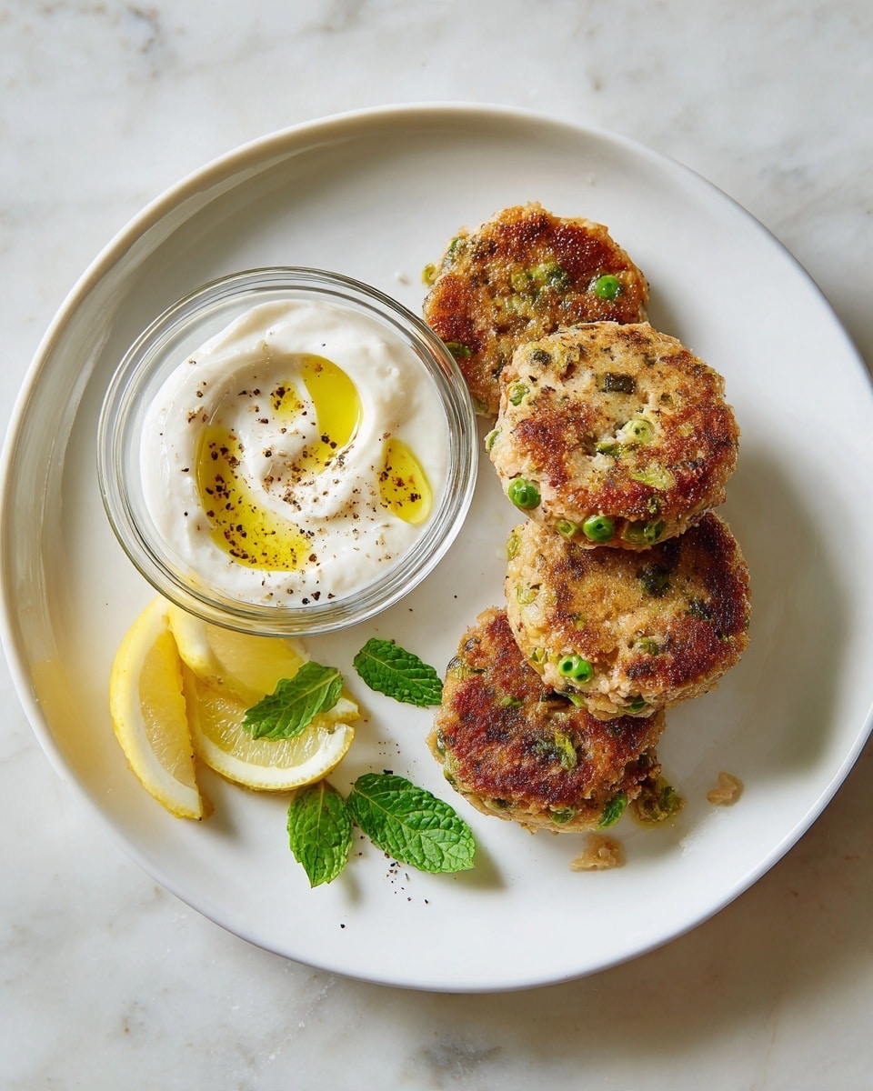 The image shows five small, round, golden-brown patties with visible green peas and herbs, stacked slightly overlapping on the right side of a white plate. On the left side of the plate is a small clear glass bowl filled with white creamy sauce, topped with a drizzle of yellow oil and sprinkled with black pepper. Below the sauce are two lemon wedges and a small cluster of fresh green mint leaves. The plate sits on a white marbled surface. Photo taken with an iphone --ar 4:5 --v 7