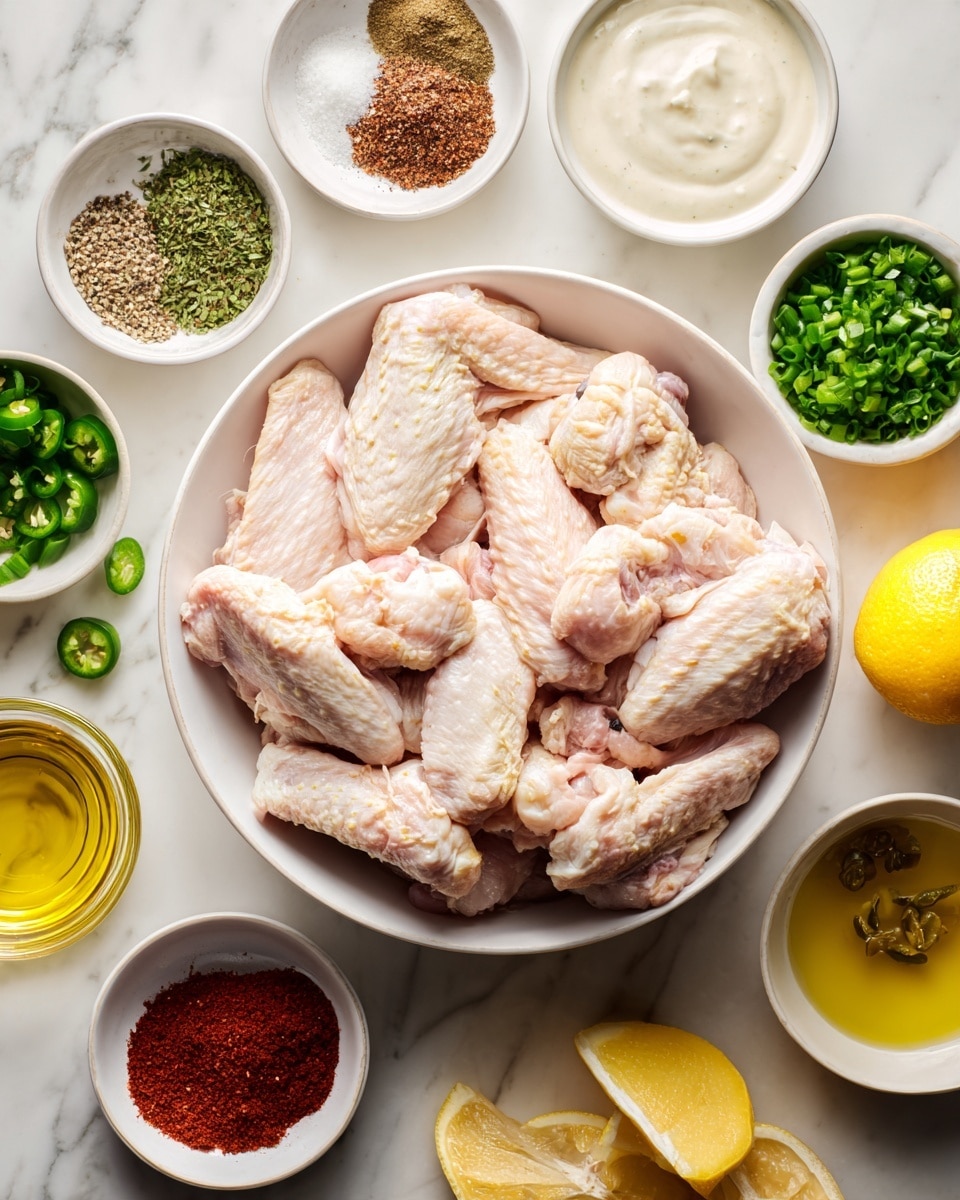 A large white bowl filled with raw chicken wings, pale pink and smooth, sits in the center on a white marbled surface. Around it are small white bowls of spices and herbs: bright green chopped scallions, finely chopped dark green parsley, coarse brown sugar, a red paprika powder, ground black pepper mixed with salt, and golden olive oil. There are also lemon slices, sliced green jalapenos, and a bowl of creamy white sauce. A woman's hand is holding the top of the chicken bowl's edge. Photo taken with an iphone --ar 4:5 --v 7