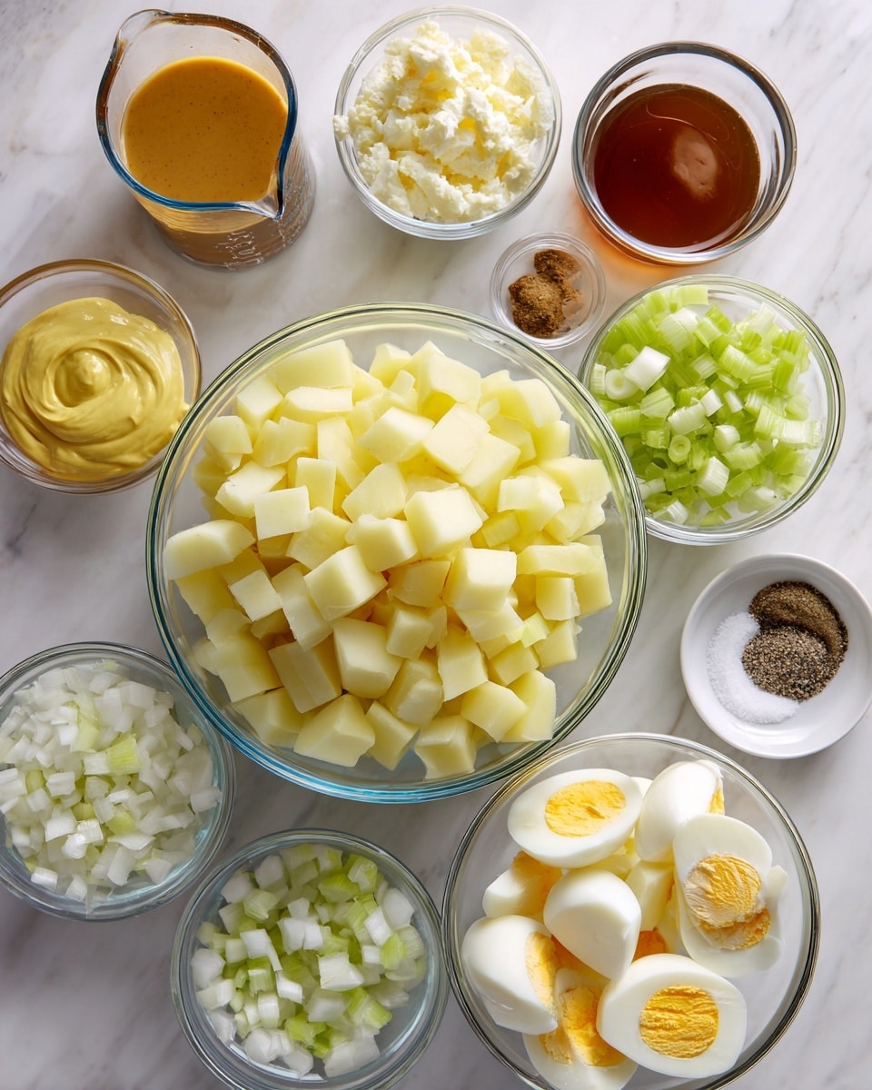 An overhead view of ingredients arranged on a white marbled surface, featuring a large clear glass bowl filled with pale yellow diced potatoes, surrounded by smaller clear glass bowls containing finely chopped white onions, chunky pale yellow mayonnaise, cubed hard-boiled eggs showing bright yellow yolks and white edges, and a medium bowl of light green chopped celery. There is also a small glass bowl of yellow mustard, a clear measuring cup with brown liquid, a small dish of salt, and a tiny white dish with black pepper and salt mix. The setup is clean and neatly organized, with all bowls transparent, showing the fresh textures and colors vividly. Photo taken with an iphone --ar 4:5 --v 7
