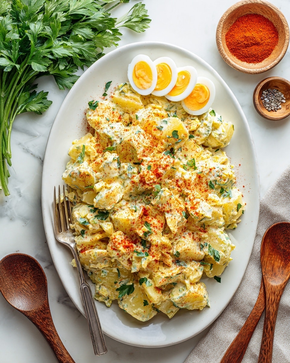 A white oval plate holds a creamy, chunky potato salad with about two main layers: a thick yellowish creamy potato mix with small pieces of egg and celery scattered inside, topped with light green parsley leaves and a light sprinkle of reddish paprika powder. On the very top, there are five thin slices of hard-boiled egg in a small stack near the center. The plate sits on a surface with a white marbled texture, next to a wooden fork and spoon, a small bowl of paprika powder, a small dish of salt and pepper, and a bunch of fresh parsley in the top left corner. Photo taken with an iphone --ar 4:5 --v 7