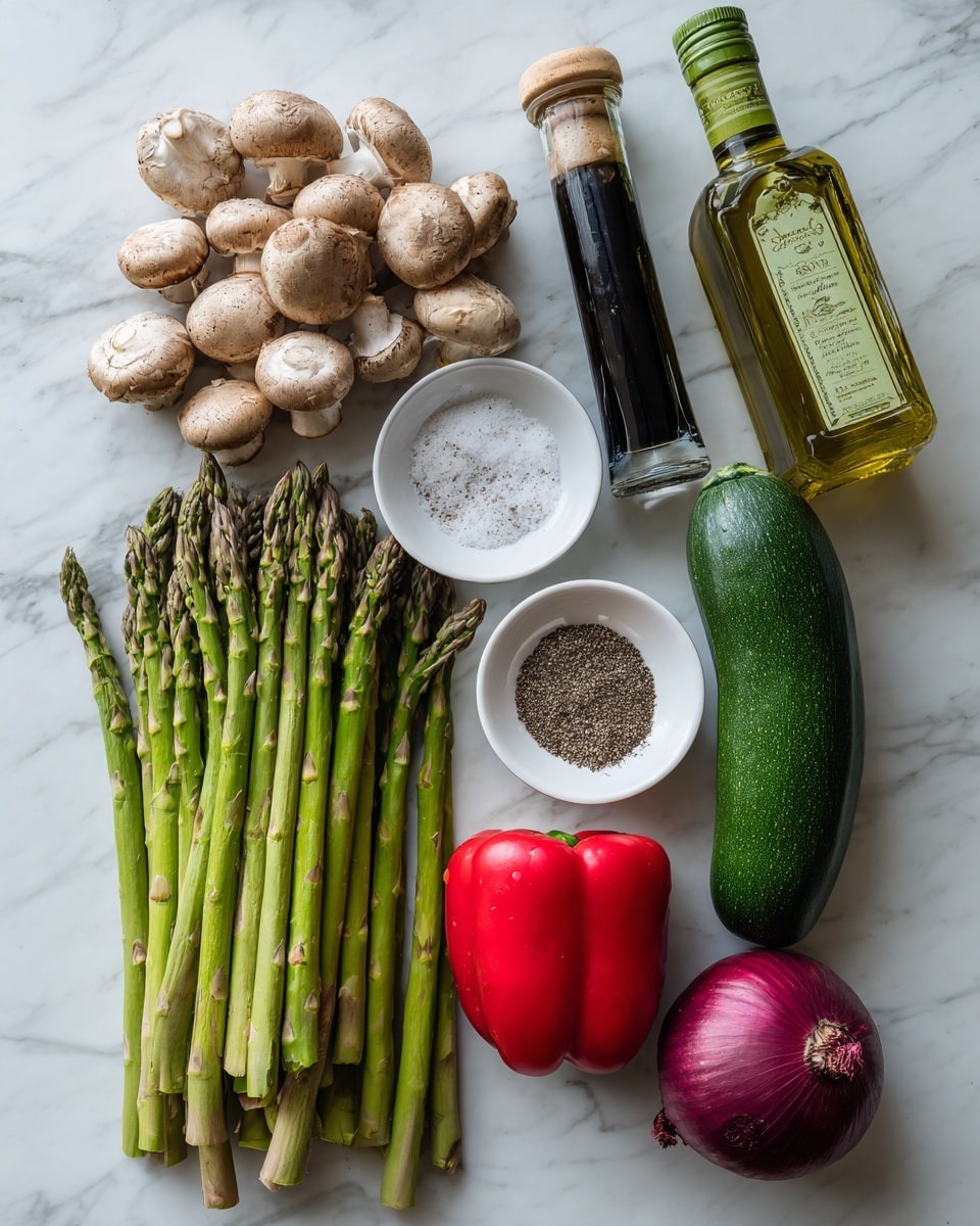 The image shows fresh vegetables and condiments neatly arranged on a white marbled surface. At the bottom left are a bunch of green asparagus spears stacked side by side with light purple tips. Above them are small, round, light brown mushrooms grouped together. To the right of the mushrooms, a bright red bell pepper with smooth skin sits beside a long, dark green zucchini. Near the bottom right corner is a round, deep purple-red onion with a slightly rough outer skin. Above the vegetables, two small white bowls hold coarse salt and cracked black pepper. Between the bowls stand two glass bottles: on the left, a short, square bottle of dark balsamic vinegar with a beige cap, and on the right, a taller bottle of green avocado oil with a green cap and label. The clean array of colorful items contrasts with the white marbled surface beneath them. photo taken with an iphone --ar 4:5 --v 7