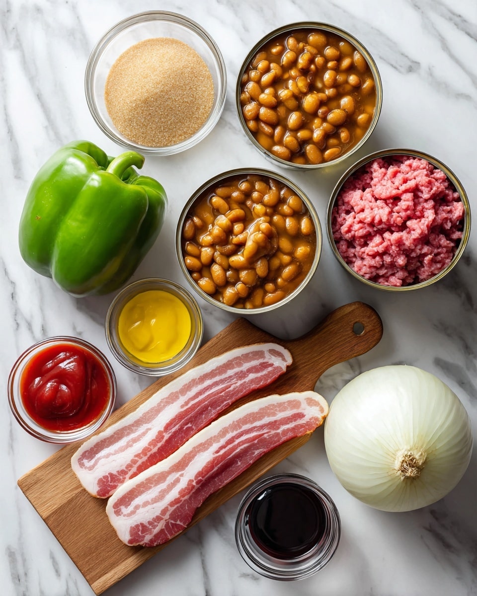 The image shows ingredients arranged neatly on a white marbled surface. There is a whole green bell pepper on the top left, next to a glass bowl filled with light brown sugar. To the right of these, a small clear bowl holds bright yellow mustard. Two open cans of baked beans with brown beans and sauce sit next to a large whole white onion on the right side. Below, a wooden cutting board holds three raw bacon strips with red and white marbled fat. Nearby are three small clear bowls, one with red ketchup, another with dark soy sauce, and a larger one with pink ground meat. The view is from above, capturing all items clearly in bright light, photo taken with an iphone --ar 4:5 --v 7