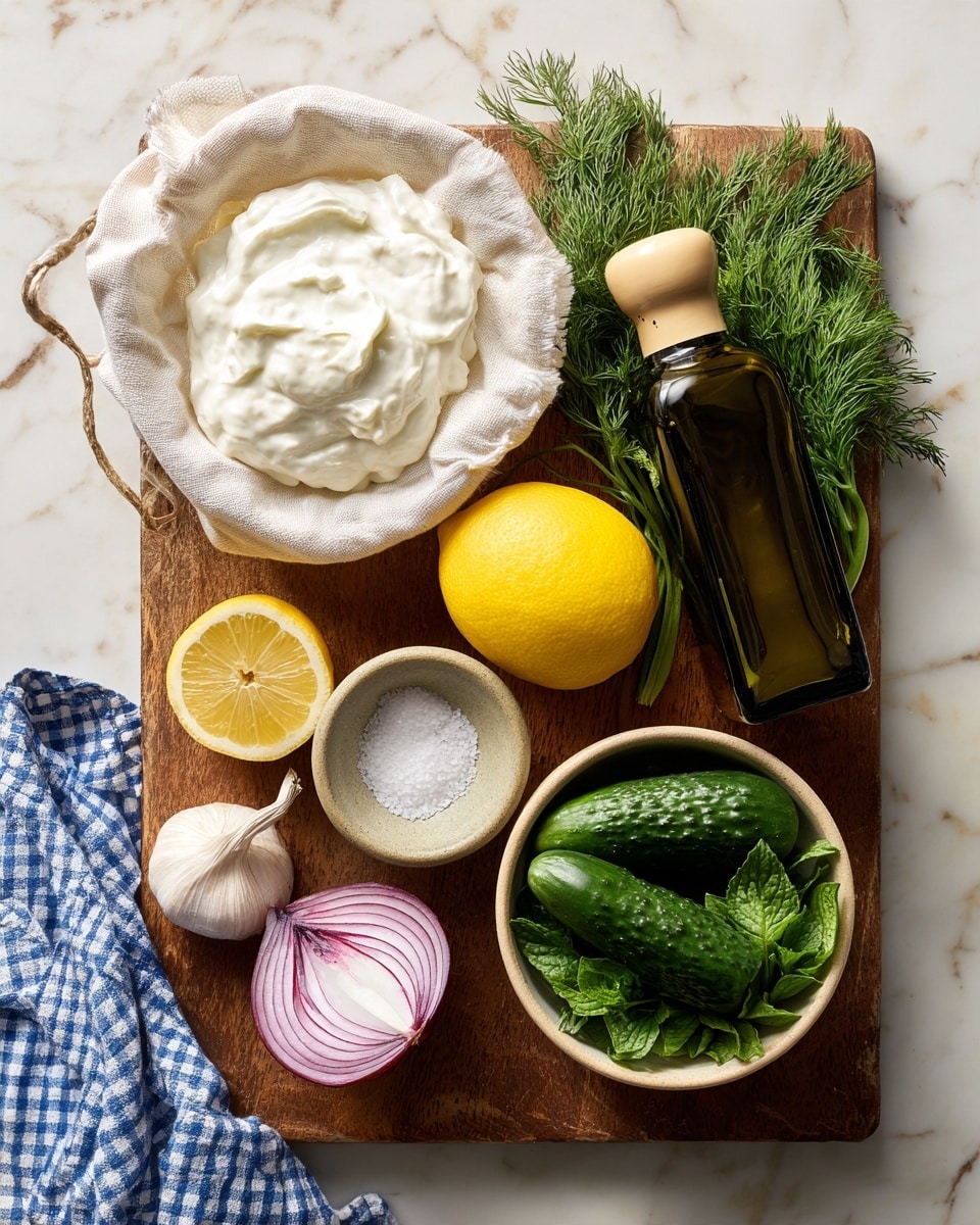 A wooden board placed on a white marbled surface holds several fresh ingredients: at the top left, a white cloth-lined strainer with thick white yogurt inside; to the right, a dark green olive oil bottle with a beige cap; a whole yellow lemon next to a lemon sliced in half showing its juicy pale yellow interior; a small bowl of white coarse salt; a cluster of three garlic cloves; a beige bowl filled with dark green fresh mint leaves; a dark green cucumber; some fresh dill with bright green feathery leaves; and a red onion half with visible rings at the bottom left. A blue and white checkered cloth is partly visible at the bottom right. photo taken with an iphone --ar 4:5 --v 7