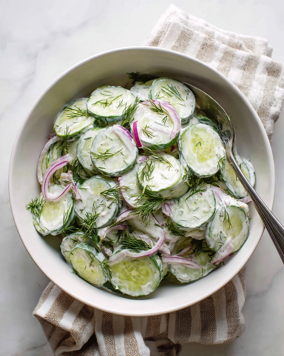 A white bowl filled with a cucumber salad on a white marbled surface, layered with round, light green cucumber slices covered in a creamy white dressing. Thin, curved slices of red onion add pops of purple-red throughout the salad. Green dill sprigs are scattered on top, providing a feathery texture and fresh look. A silver spoon rests inside the bowl. Under the bowl is a striped beige and white cloth. photo taken with an iphone --ar 4:5 --v 7