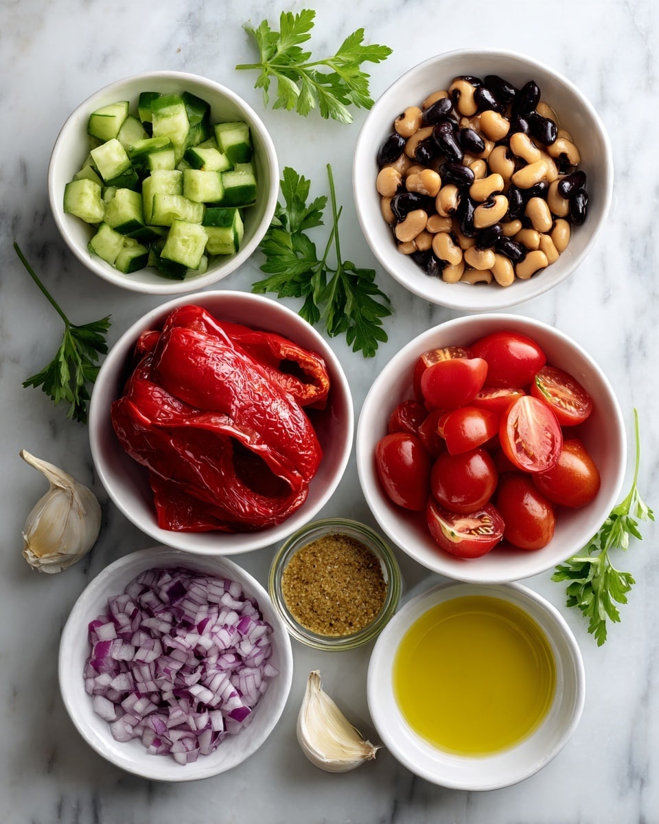The image shows seven small white bowls arranged on a white marbled surface. The top left bowl contains chopped green cucumber pieces, the top right bowl holds cooked black-eyed beans with a light brown color, below it to the right is a bowl of finely chopped red onion with white and purple tones. Below the onions is a bowl of bright red grape tomatoes. On the left side beneath the cucumber is a bowl with two large roasted red peppers with a soft, wrinkled texture. Below the red peppers is a small bowl of light brown grainy mustard, and next to it on the lower left is a small bowl filled with golden-yellow oil. Parsley sprigs and a garlic clove are scattered around the bowls, completing the fresh and colorful arrangement. photo taken with an iphone --ar 4:5 --v 7