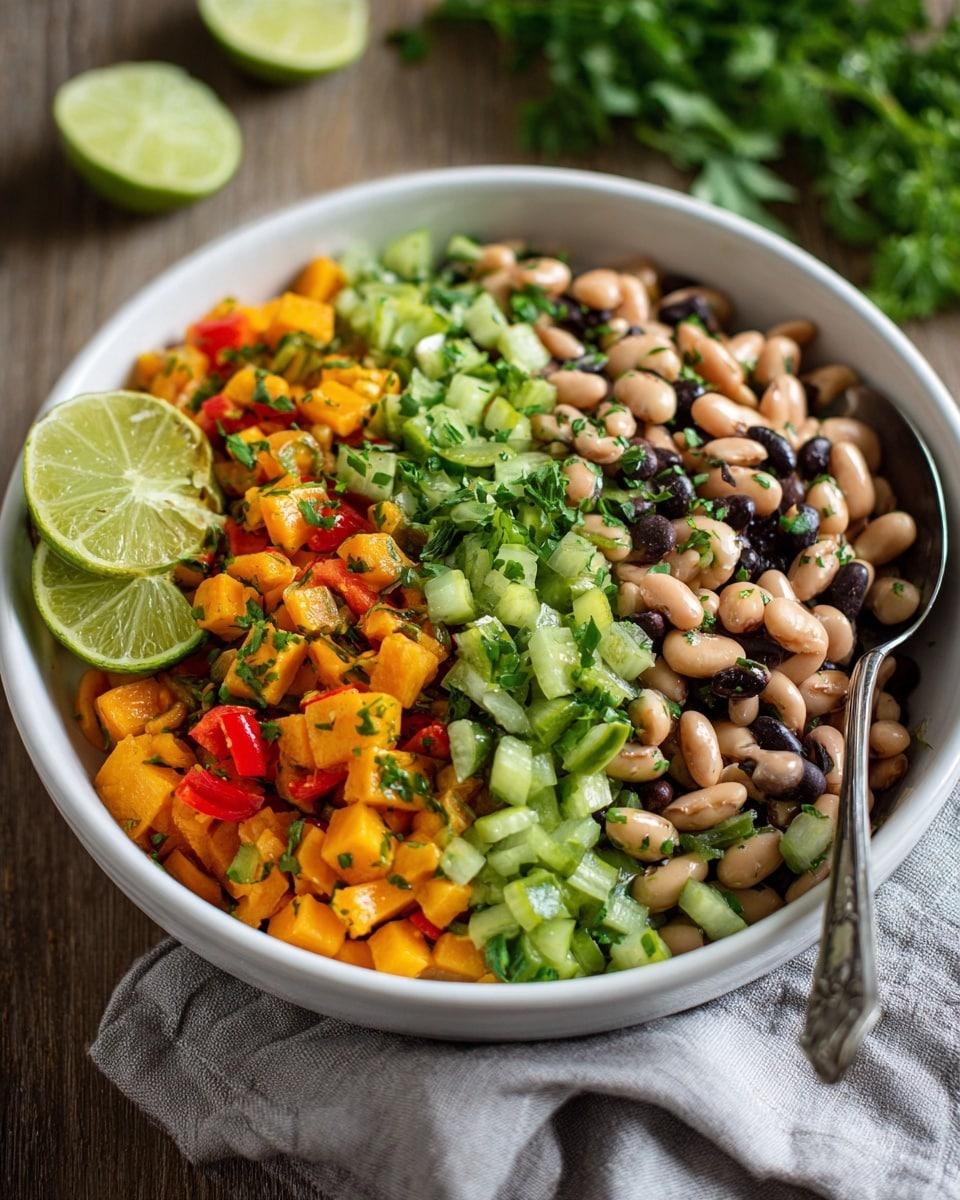 A white bowl filled with a colorful mixed salad showing three main layers: the bottom layer of chopped green celery pieces, the middle layer of soft orange roasted cubes, and the top layer of beige and black-eyed beans mixed with small diced red peppers and sprinkled fresh green herbs. Two bright lime wedges rest on the side of the bowl, and a silver spoon lies partially buried in the salad with some beans on it. The bowl is placed on a brown wooden surface with a light gray cloth on the right side, and some green herbs are blurred in the background, photo taken with an iphone --ar 4:5 --v 7
