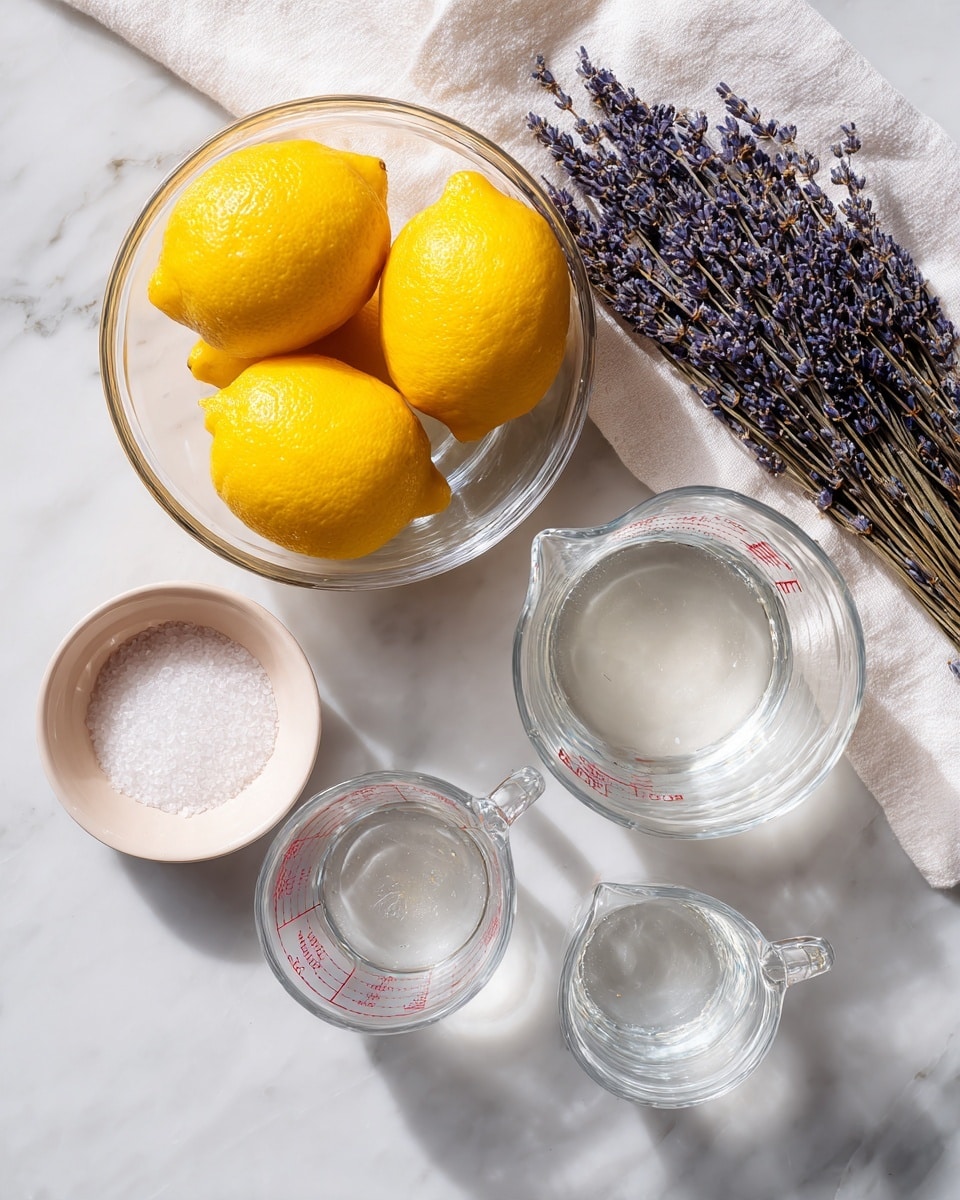 A clear glass bowl containing five bright yellow lemons is positioned at the top left on a white marbled surface. To the right, toward the bottom, there are two clear glass measuring cups side by side, each filled with clear water and marked with red measurement lines. At the bottom left, a white bowl filled with white granulated sugar sits next to a small pale pink bowl holding dried lavender buds near the bottom center. Above everything is a white cloth and to the upper right, a bundle of dried lavender sprigs rests on the white marbled surface. Photo taken with an iphone --ar 4:5 --v 7