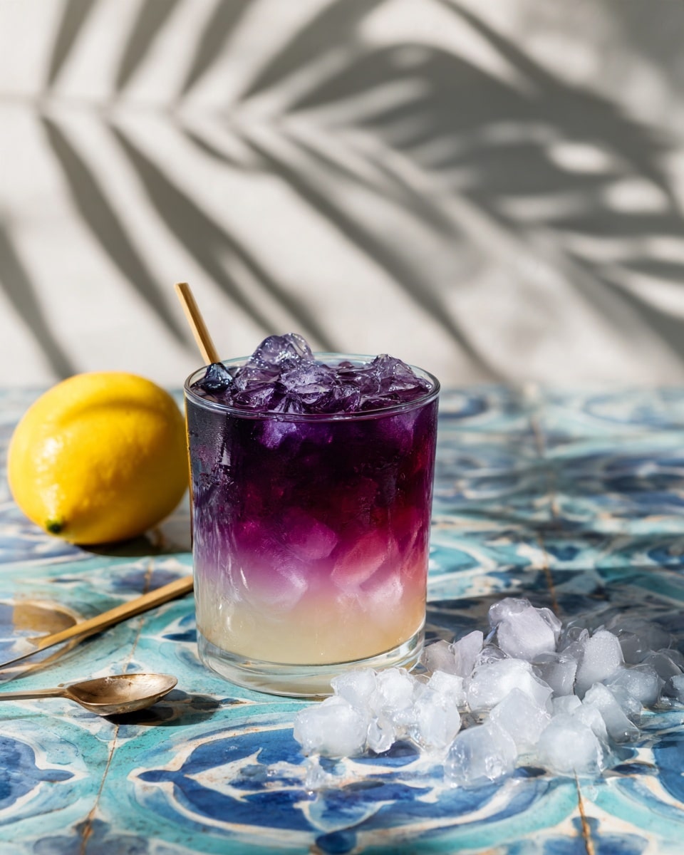 A clear white glass filled with two layers of liquid and topped with ice cubes is placed on a blue and white patterned surface. The bottom layer is a light pink color, and the top layer is a deep purple shade. The glass has a wooden stick inside it. Next to the glass, there is a pile of scattered ice cubes and a metal spoon with a round head. A yellow lemon lies on the surface to the left, and soft shadows of palm leaves fall on the white background wall. Photo taken with an iphone --ar 4:5 --v 7