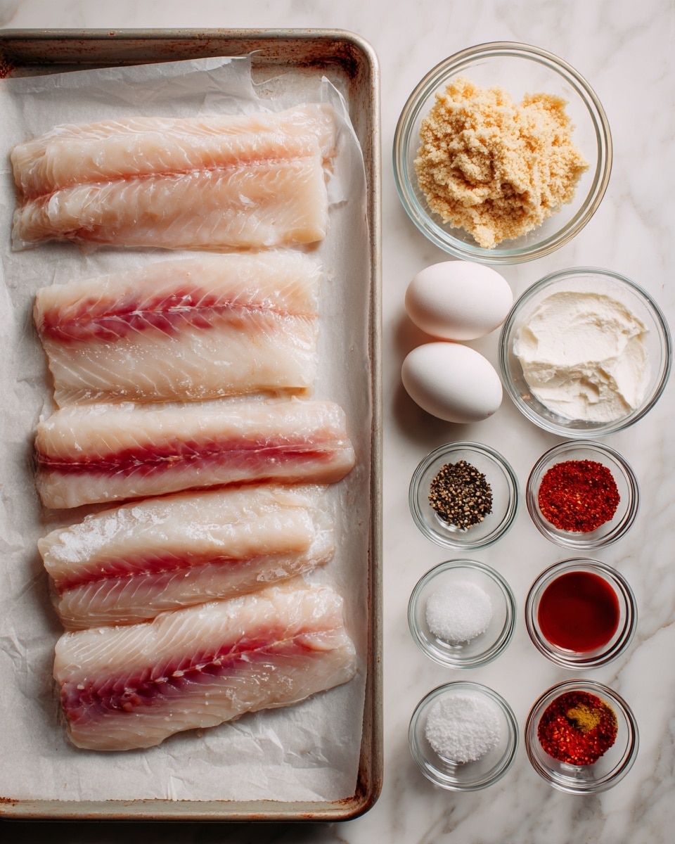 The image shows six raw fish fillets arranged in two rows on a baking tray lined with white paper, with the fish flesh pinkish-white and slightly shiny. To the right of the tray, there is a white marbled surface holding various small glass bowls: one with two whole raw eggs, one with a light beige crumbly mixture, one with a white creamy liquid, two with different red spices, one with ground black pepper, one with white salt, and one with a small amount of reddish-brown sauce. All items are neatly placed in a grid-like arrangement on the surface. The photo taken with an iphone --ar 4:5 --v 7
